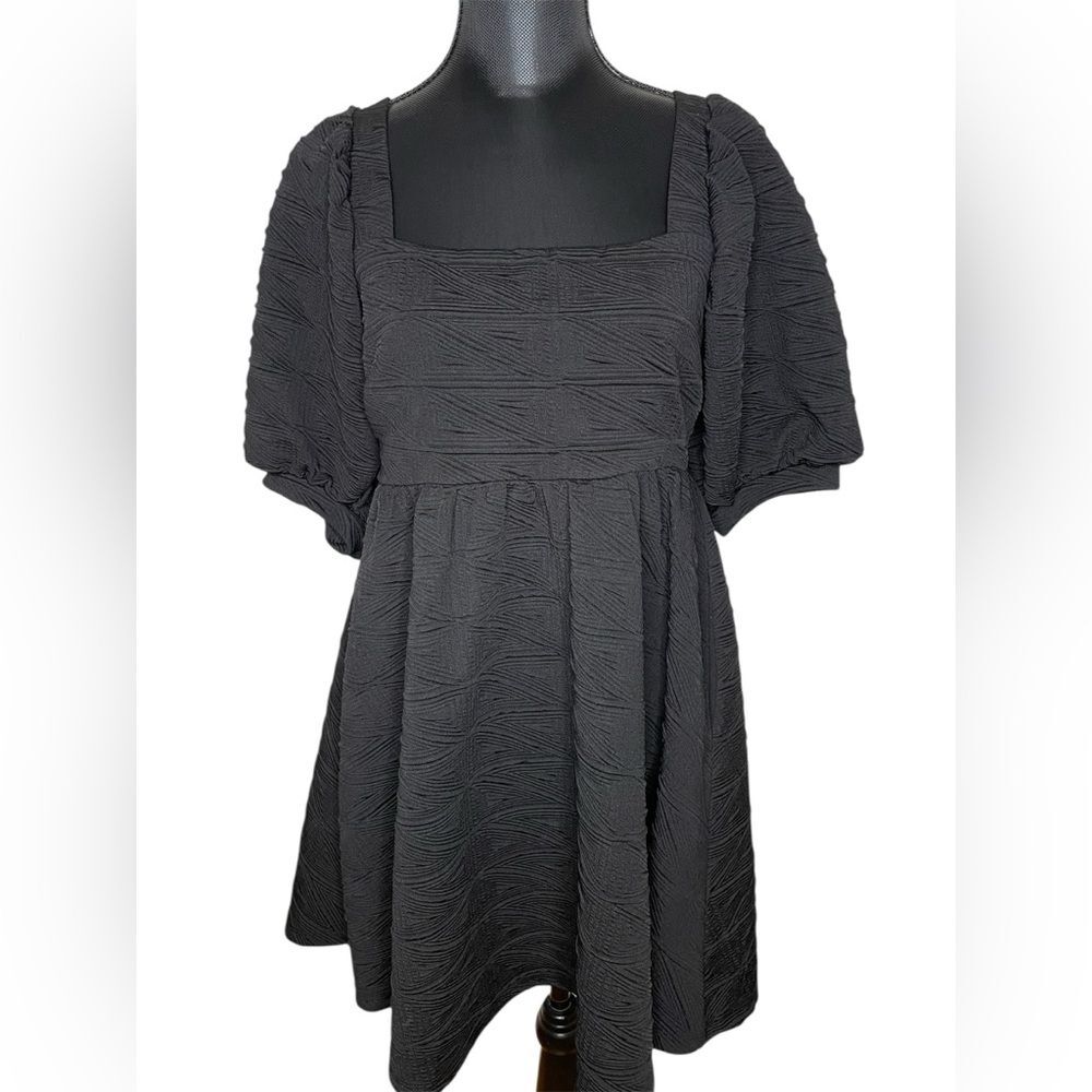 Free People Dress Violet Puff Sleeve Mini Baby Doll Textured Black Size Medium - Picture 3 of 12